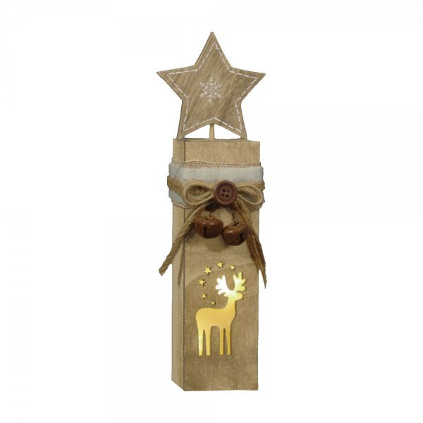 Χριστουγεννιάτικο Διακοσμητικό Ξύλινο, με Αστέρι, Τάρανδο και 2 LED Μπαταρίας (26cm)